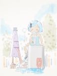  1girl blue_hair eggplant fountain gensoukoumuten geta singlet tan tatara_kogasa tongue touhou umbrella water 