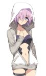 1girl blush breasts commentary_request cowboy_shot fate/grand_order fate_(series) hair_over_one_eye hand_on_own_chest hood hood_up hoodie lavender_hair legband long_sleeves looking_at_viewer medium_breasts navel one_eye_covered open_clothes open_hoodie parted_lips revealing_clothes revision shielder_(fate/grand_order) short_hair simple_background solo standing tonee violet_eyes white_background 
