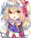  1girl ascot bangs blonde_hair fang flandre_scarlet flower hat hat_ribbon mob_cap open_mouth puffy_short_sleeves puffy_sleeves red_eyes ribbon short_sleeves side_ponytail smile solo touhou upper_body vima white_background white_hat 