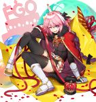  1boy absurdres androgynous black_bow black_legwear boots bow braid candle cape capelet commentary_request crown fang fate/apocrypha fate_(series) garter_straps gauntlets greetload hair_intakes highres looking_at_viewer male_focus multicolored_hair one_eye_closed pink_hair red_ribbon ribbon rider_of_black single_braid sitting streaked_hair trap violet_eyes 