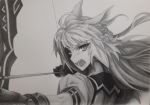  1girl absurdres ahoge animal_ears archer_of_red arrow bow_(weapon) cat_ears cat_tail fang fate/apocrypha fate_(series) gloves highres long_hair monochrome open_mouth solo tail weapon 