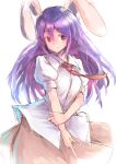  1girl absurdres animal_ears bangs breasts brown_skirt closed_mouth collared_shirt eyebrows_visible_through_hair hand_on_own_arm highres kushidama_minaka long_hair looking_at_viewer medium_breasts necktie pointing pointing_down purple_hair rabbit_ears red_neckwear reisen_udongein_inaba shirt short_sleeves simple_background sketch skirt smile solo tareme touhou upper_body violet_eyes white_background white_shirt wing_collar 