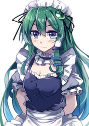  1girl arms_behind_back blue_eyes blush breasts cleavage e.o. frills frog frog_hair_ornament green_hair hair_ornament hair_tubes highres kochiya_sanae long_hair looking_at_viewer maid maid_headdress medium_breasts short_sleeves snake snake_hair_ornament solo touhou upper_body 