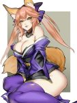  1girl :p animal_ears bare_shoulders breasts cleavage detached_collar detached_sleeves fate/extra fate_(series) fox_ears fox_tail hair_ribbon highres japanese_clothes kumiko_shiba large_breasts long_hair looking_at_viewer looking_to_the_side pink_hair purple_legwear purple_ribbon revision ribbon sitting smile solo tail tamamo_(fate)_(all) tamamo_no_mae_(fate) thigh-highs tongue tongue_out twintails yellow_eyes 