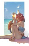  1girl absurdres animal_ears bangs beach bikini blue_bikini blush brown_eyes cup day fate/grand_order fate_(series) fox_ears fox_girl fox_tail hair_flaps highres holding holding_cup innertube knee_up long_hair ocean outdoors pink_hair pursed_lips revision sandals shadow side-tie_bikini sidelocks sitting solo swimsuit tail tamamo_(fate)_(all) tamamo_no_mae_(swimsuit_lancer)_(fate) thighs toriumi_harumi tropical_drink yellow_eyes 