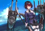  1girl bangs belt bird black_eyes black_hair black_skirt blush closed_mouth collared_shirt eyebrows_visible_through_hair eyes_visible_through_hair full_body gloves haguro_(kantai_collection) hair_ornament hand_on_own_chest high_heels holding holding_weapon kantai_collection katana leaning_forward long_sleeves machinery military military_uniform naginata ocean pantyhose pencil_skirt polearm puffy_long_sleeves puffy_sleeves red_ribbon ribbon sheath sheathed shirt short_hair skirt sky smile solo standing standing_on_liquid sword tears thigh-highs thigh_strap thighband_pantyhose turret uniform weapon white_gloves white_legwear yueqin_(monnpiano) 