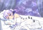  1girl ahoge azur_lane bangs bed_sheet blush bow bridal_gauntlets character_name curtains dress eyebrows_visible_through_hair hair_ornament holding holding_stuffed_animal long_hair looking_at_viewer lying mikoillust object_hug on_bed on_side one_side_up pillow purple_hair see-through shooting_star signature sleeveless sleeveless_dress solo star_(sky) stuffed_animal stuffed_toy stuffed_unicorn thigh-highs unicorn_(azur_lane) violet_eyes white_dress white_legwear 