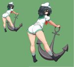  1girl anchor anchor_symbol ass bare_arms black_footwear black_hair boots green_background green_eyes hat leaning_forward looking_at_viewer murasa_minamitsu neckerchief pixel_art profile puffy_short_sleeves puffy_sleeves red_neckwear sailor_collar sailor_hat short_sleeves shorts standing takorin touhou white_hat white_shorts 