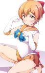  1girl bishoujo_senshi_sailor_moon blush bow choker cosplay elbow_gloves gloves hair_bow highres hoshizora_rin leotard love_live! love_live!_school_idol_project magical_girl orange_footwear orange_hair orange_sailor_collar orange_skirt paw_pose pleated_skirt red_bow sailor_venus sailor_venus_(cosplay) sen_(sen0910) short_hair skirt solo white_gloves yellow_eyes 