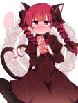  1girl animal_ears bangs blunt_bangs blush bow braid brown_bow brown_dress cat_ears cat_tail closed_mouth dress eyebrows_visible_through_hair frilled_sleeves frills gift hair_bow heart heart_tail holding holding_gift juliet_sleeves kaenbyou_rin long_hair long_sleeves looking_at_viewer multiple_tails nose_blush puffy_sleeves red_eyes redhead solo speech_bubble spoken_blush sweat tail tareme touhou twin_braids two_tails you_(noanoamoemoe) 
