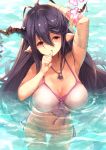  1girl antenna_hair bandage bikini black_hair breasts danua doraf granblue_fantasy hair_between_eyes horn_ornament horns jewelry large_breasts long_hair looking_at_viewer necklace partially_submerged pointy_ears red_eyes ryouku solo standing swimsuit water 