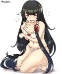  1girl absurdres barefoot black_hair blush breasts collarbone eyebrows_visible_through_hair flying_sweatdrops green_eyes hair_tubes highres kantai_collection kiritto long_hair medium_breasts mizuho_(kantai_collection) open_mouth red_ribbon ribbon simple_background solo tears toes twitter_username very_long_hair white_background 