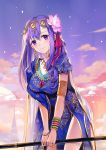  1girl breasts clouds cloudy_sky earrings fate/grand_order fate_(series) flower hair_flower hair_ornament indian_clothes jewelry large_breasts long_hair looking_at_viewer necklace parvati_(fate/grand_order) purple_hair sky smile solo twilight violet_eyes yumaomi 