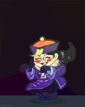  1girl alternate_costume animated animated_gif blush_stickers chinese_clothes closed_eyes dark_background fang glasses happy jackie_lee jiangshi jiangshi_mei jumping low_twintails mei_(overwatch) ofuda overwatch smile solo twintails 