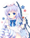  1girl :o alice_(wonderland) alice_(wonderland)_(cosplay) alice_in_wonderland apron bangs bitter_crown blue_bow blue_dress blue_neckwear blush bow bowtie character_name collared_dress commentary_request cookie cosplay dress eyebrows_visible_through_hair flat_chest food frilled_dress frills gochuumon_wa_usagi_desu_ka? hair_ornament hairband hairclip holding holding_food kafuu_chino lavender_hair light_blue_hair long_hair looking_at_viewer parted_lips puffy_short_sleeves puffy_sleeves shadow short_sleeves sidelocks sitting solo striped striped_bow striped_legwear striped_neckwear thigh-highs white_apron white_background white_hairband wing_collar wrist_cuffs x_hair_ornament 
