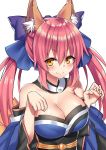  1girl animal_ears bad_id bad_pixiv_id bare_shoulders blue_ribbon blush breasts cleavage closed_mouth fate/extra fate_(series) fox_ears fox_tail google_(asdek18) hair_ribbon highres japanese_clothes large_breasts long_hair looking_to_the_side pink_hair ribbon simple_background smile solo tail tamamo_(fate)_(all) tamamo_no_mae_(fate) twintails upper_body white_background yellow_eyes 