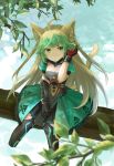  1girl animal_ears archer_of_red blonde_hair bow_(weapon) cat_ears cat_tail fate/apocrypha fate_(series) green_eyes green_hair hand_in_hair highres long_hair multicolored_hair shishima sitting solo tail thigh-highs two-tone_hair very_long_hair weapon 