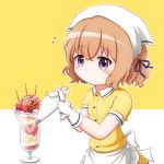  1girl :o apron bangs blend_s blush brown_hair collared_shirt commentary_request eyebrows_visible_through_hair food frilled_apron frills fruit gloves goth_risuto hair_between_eyes hair_ribbon head_scarf holding hoshikawa_mafuyu ice_cream looking_at_viewer parfait parted_lips pastry_bag pocky purple_ribbon ribbon shirt short_hair short_sleeves simple_background skirt solo strawberry tareme two-tone_background uniform violet_eyes waist_apron waitress white_apron white_background white_gloves yellow_background yellow_shirt yellow_skirt 