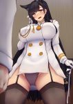  1girl animal_ears atago_(azur_lane) azur_lane black_hair breasts brown_eyes buttons commentary_request garter_straps gloves hair_ornament highres large_breasts long_hair long_sleeves military military_uniform mole mole_under_eye panties smile thigh-highs underwear uniform white_gloves yuzumiya_mono 
