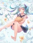  1girl barefoot black_skirt blue_eyes blue_hair blush closed_mouth collarbone eyebrows_visible_through_hair feet flower hatsune_miku long_hair looking_at_viewer ozzingo skirt smile soles solo toes twintails underwater vocaloid 