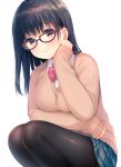  1girl bangs black_hair black_legwear blue_skirt blush bow bowtie breasts brown-framed_eyewear brown_eyes brown_sweater collared_shirt commentary_request eyebrows_visible_through_hair glasses hand_on_own_cheek hand_up highres large_breasts long_hair long_sleeves looking_at_viewer original pantyhose parted_lips pink_bow plaid plaid_skirt pleated_skirt red_neckwear school_uniform shirt simple_background skirt sleeves_past_wrists smile solo squatting sweater tareme usashiro_mani white_background white_shirt wing_collar 