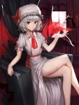  1girl bangs bare_arms bare_legs bat bat_wings brooch expressionless goldenhee hat hat_ribbon highres indoors jewelry legs_crossed long_skirt looking_at_viewer mob_cap puffy_short_sleeves puffy_sleeves red_eyes red_ribbon remilia_scarlet ribbon ribbon-trimmed_sleeves ribbon_trim short_sleeves silver_hair sitting skirt skirt_set solo touhou white_hat window wing_collar wings 