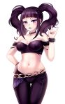  1girl bangs bare_shoulders blush breasts choker cleavage commentary gothic huniepop_2 leather leather_pants lillian_aurawell long_hair looking_at_viewer medium_breasts midriff navel ninamo pants piercing purple_hair smile solo torn_clothes twintails violet_eyes 