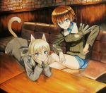  2girls animal_ears bangs bent_over blonde_hair blue_eyes blush bomber_jacket brick brick_wall brown_hair closed_mouth couch eyebrows facing_away fox_ears fox_tail green_jacket grey_panties hair_between_eyes hand_on_thigh hands_on_own_cheeks hands_on_own_face indoors jacket leaning leaning_forward legs_crossed long_hair long_sleeves looking_at_viewer military military_uniform multiple_girls ottilie_kittel panties shiratama_(hockey) short_hair sitting smile table tail traditional_media tsurime underwear uniform waltraud_nowotny world_witches_series 