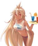  1girl ahoge breasts cup dark_skin drinking_glass granblue_fantasy highres lank_(lanclisser) leaning_forward long_hair looking_at_viewer medium_breasts midriff red_eyes shirt smile solo standing the_order_grande tied_shirt tray very_long_hair white_bikini_bottom white_hair 