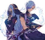  1boy 1girl alternate_costume aomeeso aqua_(fire_emblem_if) blue_hair closed_eyes fire_emblem fire_emblem_heroes fire_emblem_if gloves hair_over_one_eye highres jewelry long_hair mother_and_son polearm shigure_(fire_emblem_if) simple_background smile weapon yellow_eyes 