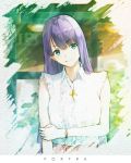  1girl bangs blouse blue_eyes bracelet breasts closed_mouth cross cross_necklace earrings eyebrows_visible_through_hair head_tilt highres holding_arm jewelry k_ryo large_breasts long_hair looking_at_viewer necklace purple_hair red_skirt skirt smile solo white_blouse 