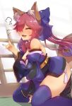  1girl ^_^ animal_ears bare_shoulders blue_legwear blush breasts cleavage closed_eyes fang fate/extra fate_(series) fox_shadow_puppet fox_tail highres japanese_clothes long_hair medium_breasts open_mouth pink_hair sitting smile solo tail tamamo_(fate)_(all) tamamo_no_mae_(fate) thigh-highs wariza yaibaken 
