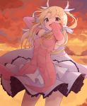  1girl absurdres arms_up blonde_hair breasts clouds cloudy_sky detached_sleeves dress fate/kaleid_liner_prisma_illya fate_(series) floating_hair gloves highres illyasviel_von_einzbern long_hair looking_at_viewer open_mouth orange_sky outdoors pink_dress prisma_illya red_eyes sky small_breasts smile solo standing white_gloves yellow_neckwear z_loader 