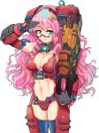  1girl armor backpack bag breasts butterfly_on_hair cleavage glasses gloves green_eyes gun hair_ornament hmage long_hair machine_gun mecha_musume medium_breasts monarch_(titanfall_2) navel personification pink_hair stomach thigh-highs titanfall titanfall_2 weapon 