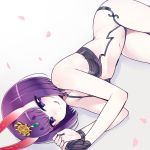  1girl :p bare_shoulders blush breasts chan_co cherry_blossoms commentary_request diadem eyeshadow fate/grand_order fate_(series) feet_out_of_frame gem horns licking_lips looking_at_viewer lying makeup navel on_side oni oni_horns petals purple_hair revealing_clothes short_hair shuten_douji_(fate/grand_order) small_breasts smile solo tongue tongue_out violet_eyes white_skin wristband 