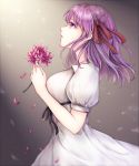  1girl akira_(aky-la) artist_name bangs black_ribbon breasts commentary dress eyebrows_visible_through_hair fate/stay_night fate_(series) flower hair_ribbon highres holding holding_flower light light_particles long_hair looking_away looking_up matou_sakura medium_breasts open_mouth petals pink_flower purple_hair red_ribbon ribbon short_sleeves solo upper_body violet_eyes white_dress 