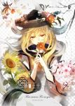  1girl blonde_hair cherry_blossoms cover detached_sleeves flower hat hisona_(suaritesumi) long_hair looking_at_viewer matara_okina orange_eyes solo sunflower tabard touhou wide_sleeves 