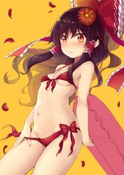  1girl bare_arms bare_shoulders bikini black_hair bow breasts cowboy_shot flower front-tie_bikini front-tie_top hair_bow hair_flower hair_ornament hair_tubes hakurei_reimu halter_top halterneck highres innertube long_hair minamura_haruki navel orange_eyes petals red_bikini red_bow red_flower side-tie_bikini sidelocks simple_background small_breasts solo standing stomach swimsuit touhou under_boob yellow_background 