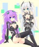  2girls :d arm_support black_gloves black_hair black_heart blue_eyes braid breasts choujigen_game_neptune cleavage covered_navel elbow_gloves eyebrows_visible_through_hair gloves grey_legwear grey_leotard hair_between_eyes hair_ornament hands_on_own_knees highres langley1000 leaning_forward long_hair medium_breasts multiple_girls neptune_(series) open_mouth purple_hair purple_heart shiny shiny_skin silver_hair sitting smile standing thigh-highs twin_braids very_long_hair white_background 