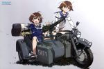  2girls absurdres brave_witches brown_eyes brown_hair ground_vehicle gun hair_ornament hairclip highres karibuchi_hikari machine_gun mg42 miyafuji_yoshika motor_vehicle motorcycle multiple_girls open_mouth school_swimsuit school_uniform sidecar smile strike_witches striker_unit swimsuit weapon world_witches_series 