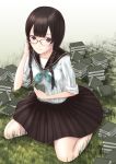  1girl bangs black_footwear black_hair book book_stack braid brown_skirt glasses grass grey_eyes hami_(hami-gerden) hand_up highres holding holding_book kneeling long_hair low_twintails original outdoors school_uniform serafuku sitting skirt twin_braids twintails uniform 