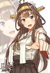  1girl ahoge bare_shoulders brown_hair cowboy_shot dated detached_sleeves double_bun hairband headgear kantai_collection kongou_(kantai_collection) long_hair looking_at_viewer nontraditional_miko pallad pointing ribbon-trimmed_sleeves ribbon_trim solo twitter_username zoom_layer 