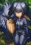  1girl bird black_gloves black_hair collared_shirt day expressionless eyebrows_visible_through_hair gloves grass grey_hair grey_legwear grey_neckwear grey_shirt grey_shorts hair_between_eyes head_wings highres kemono_friends lain long_hair looking_at_viewer low_ponytail multicolored_hair necktie on_ground outdoors pantyhose shirt shoebill shoebill_(kemono_friends) shorts side_ponytail solo wing_collar yellow_eyes 