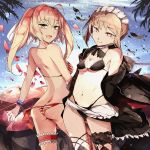  2girls artoria_pendragon_(all) artoria_pendragon_(swimsuit_rider_alter)_(fate) bare_shoulders blonde_hair fate/grand_order fate_(series) hair_between_eyes highres looking_at_viewer looking_back multiple_girls navel saber_alter sidelocks thigh-highs thighs tied_hair venomrobo yellow_eyes 
