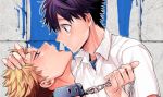  2boys black_hair blue_eyes brown_hair chains closed_mouth collar eye_contact leash leash_pull looking_at_another male_focus mitsuya_bonjin multiple_boys open_mouth original yaoi 