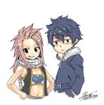  1boy 1girl blue_hair brown_eyes child commentary_request cropped_torso fairy_tail fur_trim gray_fullbuster hands_in_pockets hands_on_hips if_they_mated jacket juvia_loxar long_hair lucy_heartfilia mashima_hiro natsu_dragneel redhead scarf signature simple_background smile vest white_background 