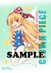  1girl :d american_flag american_flag_print armpits artist_name bare_arms bare_shoulders blonde_hair bunny_tail character_name circle_name clownpiece commentary_request copyright_name eyebrows_visible_through_hair fairy fairy_wings flag_print full_body green_background hat hirasaka_makoto jester_cap long_hair looking_at_viewer neck_ruff open_mouth polka_dot_hat red_hat sample sleeveless smile solo star starry_background striped tail touhou tsurime very_long_hair wings 