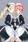  2girls ;d black_dress black_legwear blonde_hair breast_press dress drill_hair ekm elise_(fire_emblem_if) fire_emblem fire_emblem_if grey_background hand_holding heart interlocked_fingers looking_at_viewer maid_headdress multiple_girls one_eye_closed open_mouth pink_hair red_eyes ribbon sakura_(fire_emblem_if) shiny shiny_skin short_hair_with_long_locks sidelocks simple_background smile standing symmetrical_docking thigh-highs twin_drills violet_eyes white_ribbon 