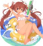  1girl :d ahoge armpits bangs bare_arms bare_legs bare_shoulders barefoot bikini bikini_skirt blush breasts brown_eyes brown_hair collarbone dark_skin feet frilled_bikini frills full_body hair_ribbon highres holding innertube kagerou_(shadowmage) kantai_collection libeccio_(kantai_collection) long_hair looking_at_viewer navel open_mouth polka_dot_ribbon ribbon robot shiny shiny_skin simple_background sitting small_breasts smile soles solo splashing star stomach strap_slip swimsuit tareme toes twintails under_boob very_long_hair water water_gun waving white_background white_bikini 