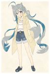  1girl alternate_costume animal_ears casual denim denim_shorts full_body grey_eyes grey_hair hair_between_eyes hair_bun hands_in_pockets highres kantai_collection kiyoshimo_(kantai_collection) kujira_naoto long_hair low_twintails shirt shorts simple_background solo standing tail twintails very_long_hair white_background white_shirt wolf_ears wolf_tail yellow_coat 